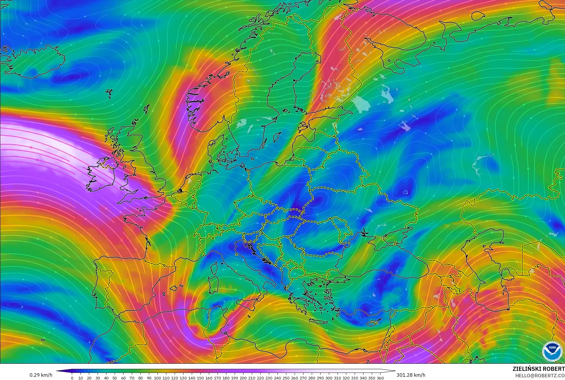 GFS modelo - Europa, Vento a 300 hPa (corrente em jato)