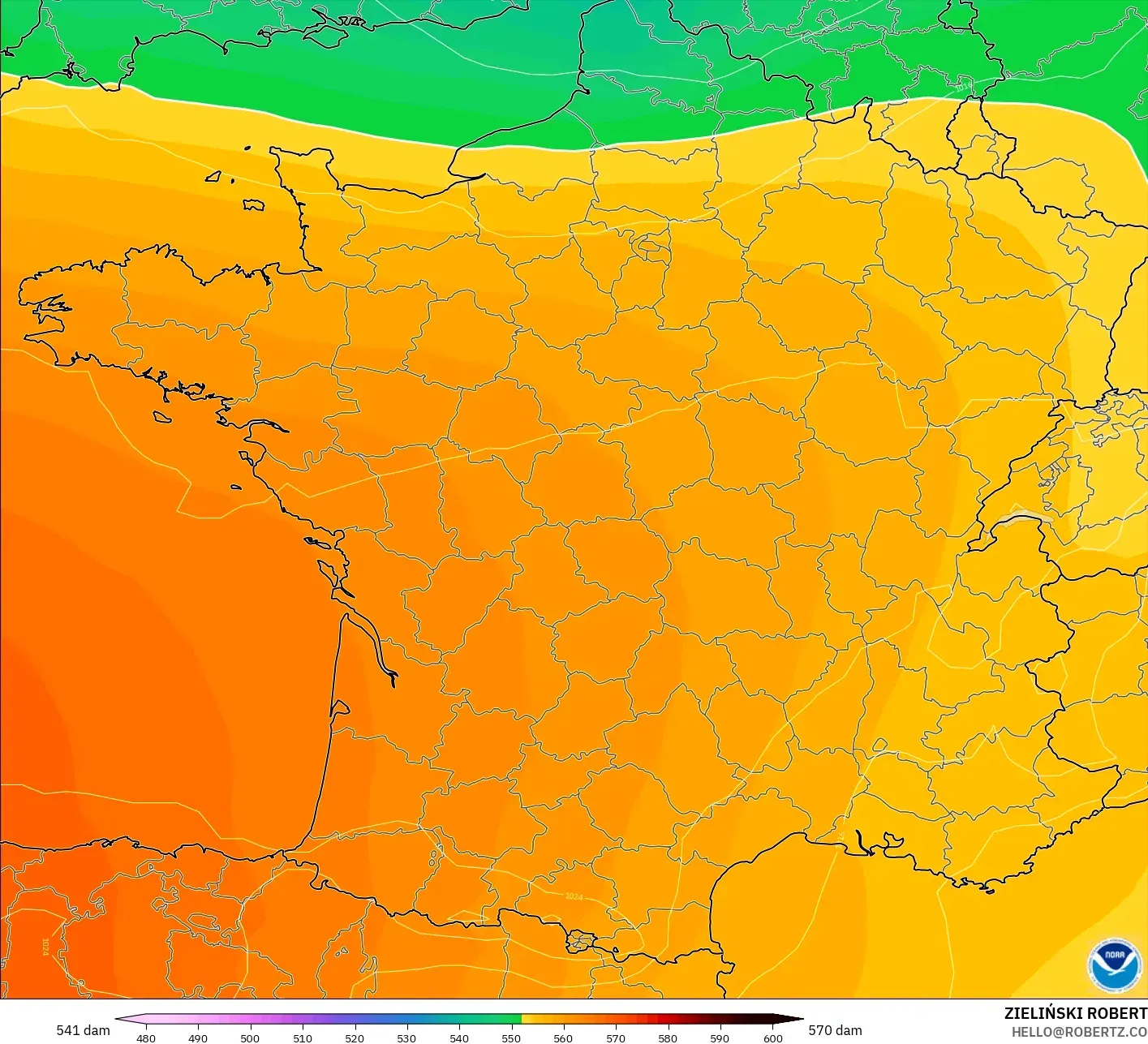 GFS modelo - França, Altura geopotencial a 500 hPa