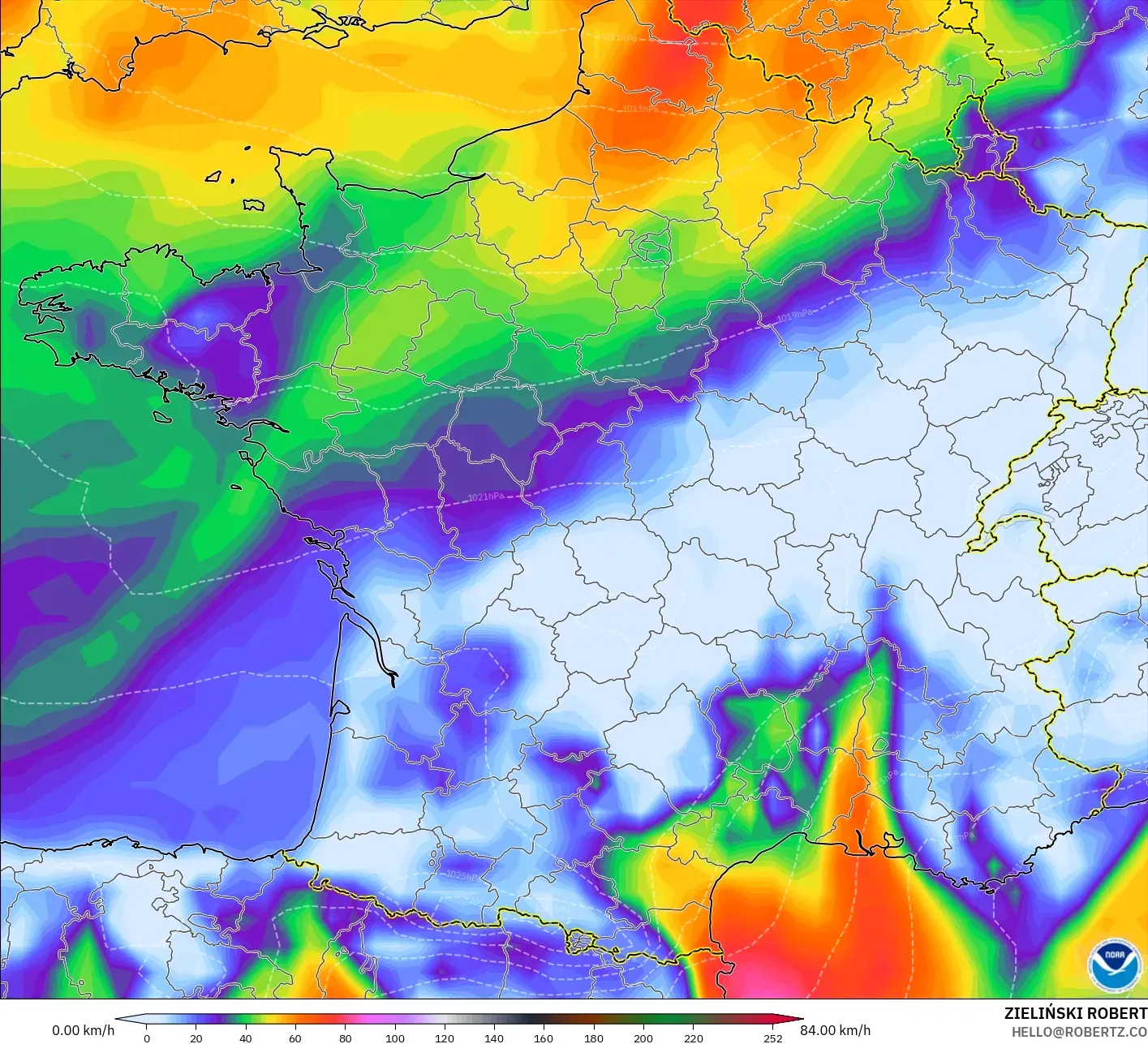 GFS modelo - França, Rajadas de vento