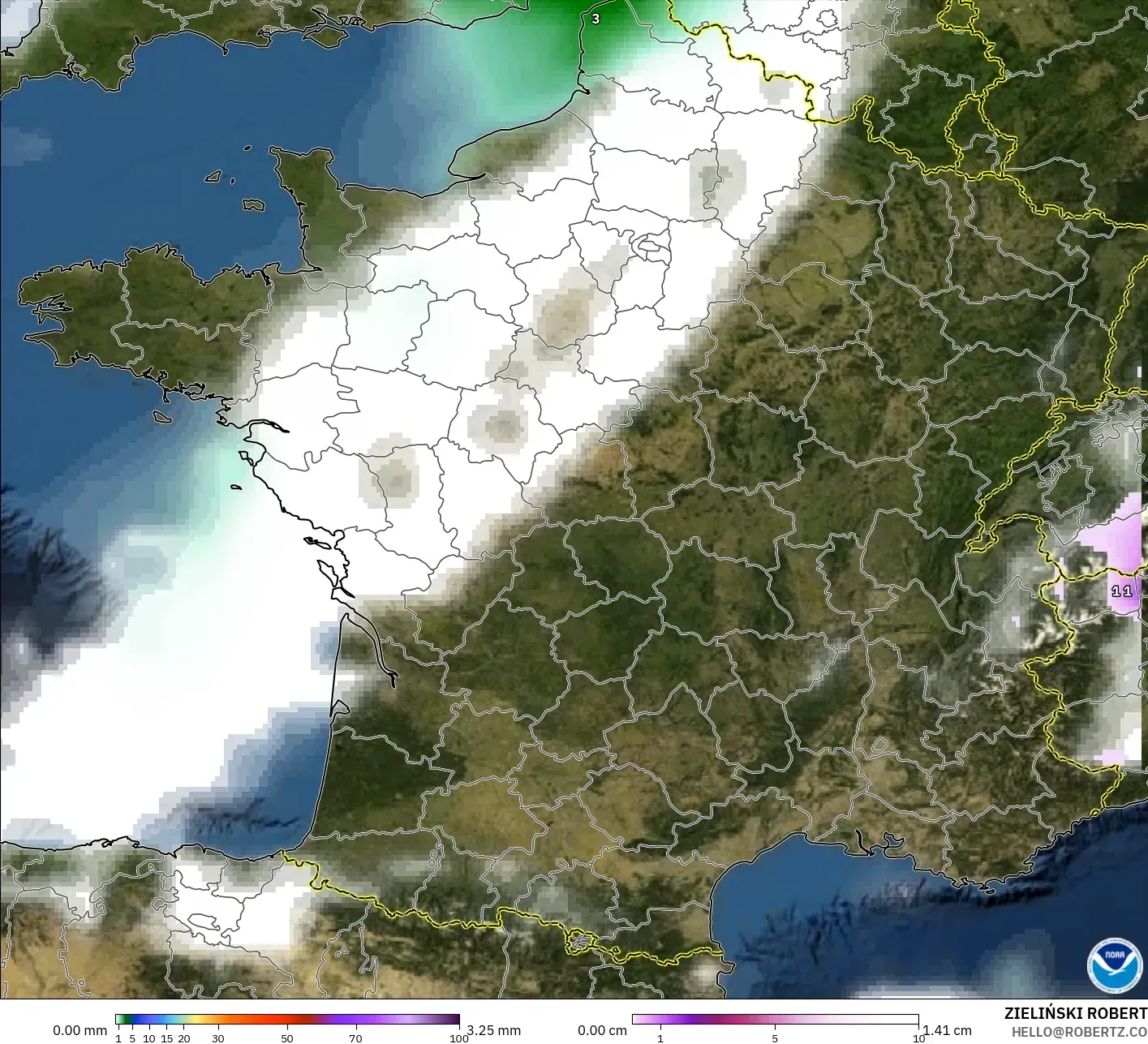 GFS modelo - França, Precipitação, nuvens e pressão