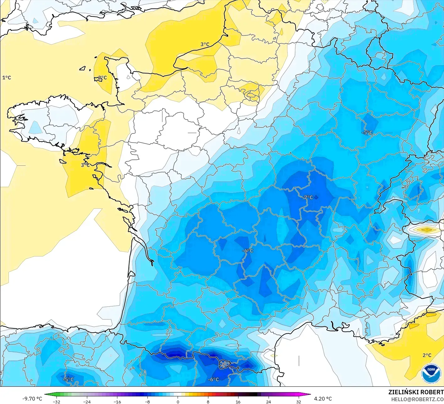 GFS modelo - França, Anomalia de temperatura a 2 m
