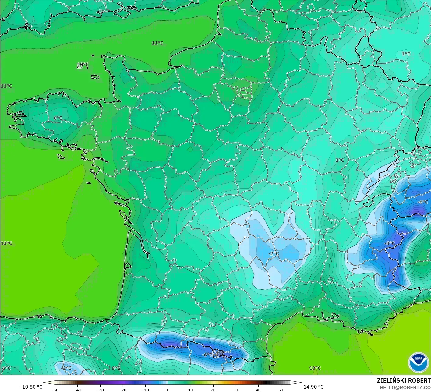 GFS modelo - França, Temperatura a 2 m