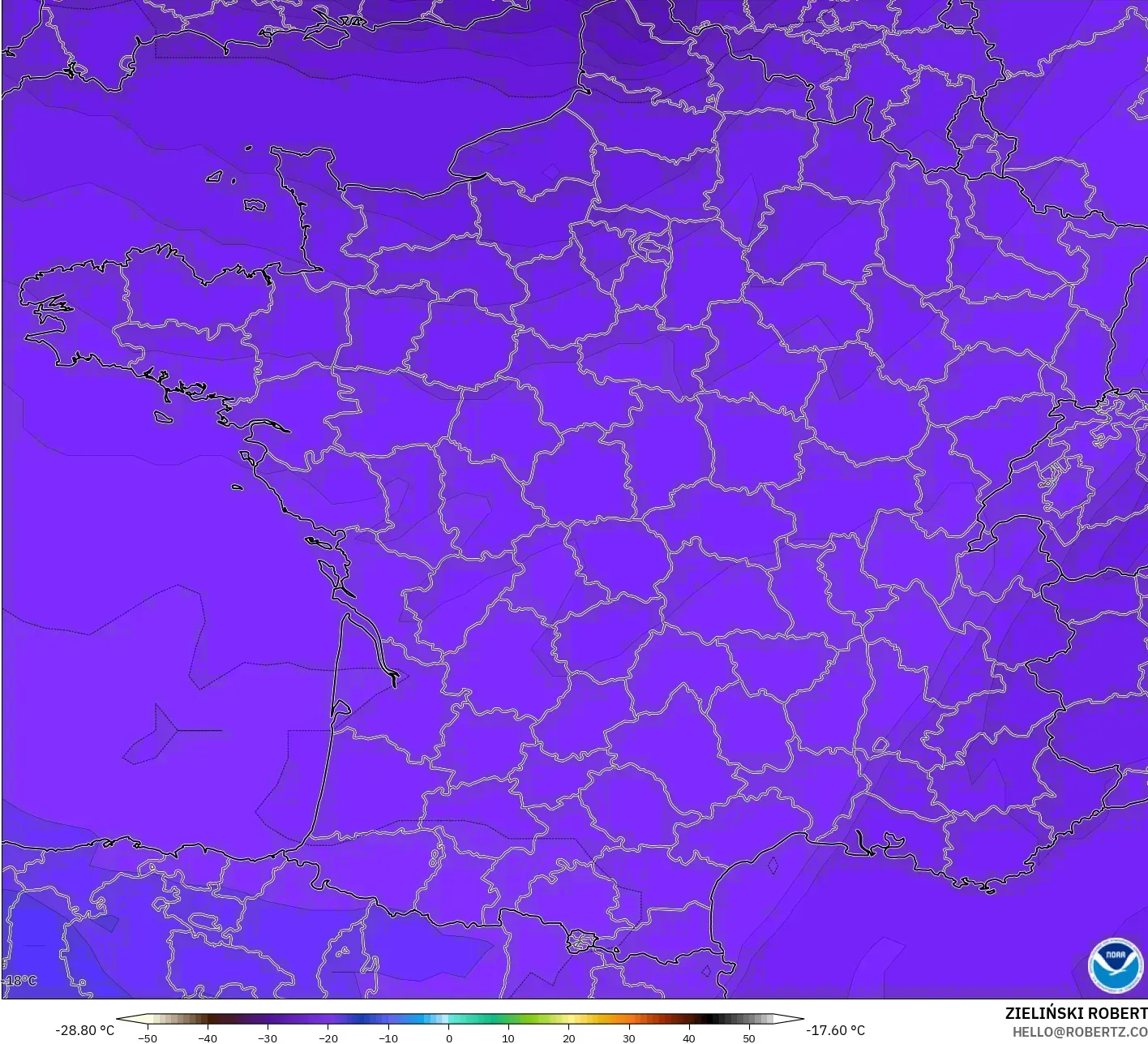 GFS modelo - França, Temperatura a 500 hPa