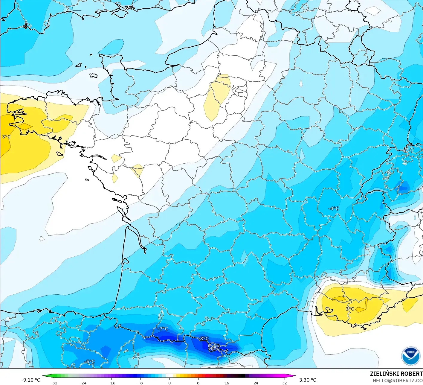 GFS modelo - França, Anomalia de temperatura a 850 hPa