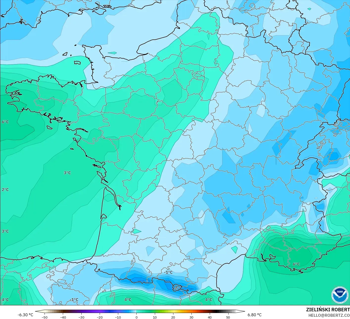 GFS modelo - França, Temperatura a 850 hPa
