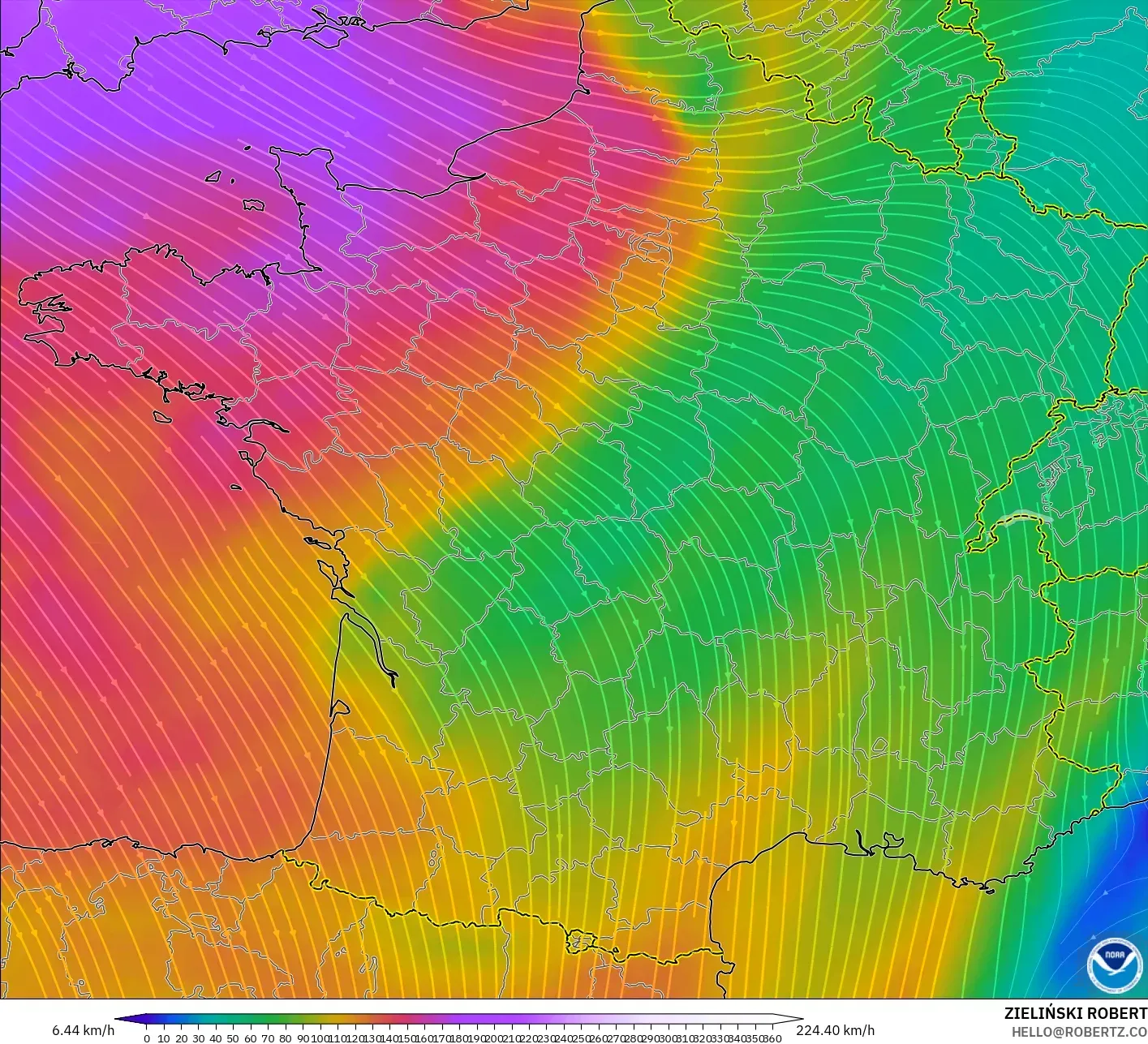 GFS modelo - França, Vento a 300 hPa (corrente em jato)