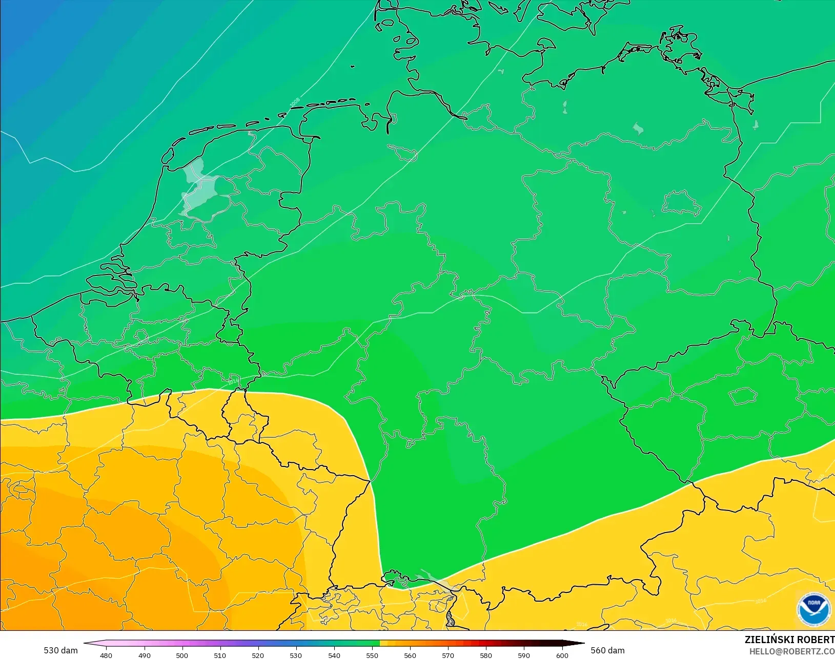 GFS modelo - Alemanha, Altura geopotencial a 500 hPa