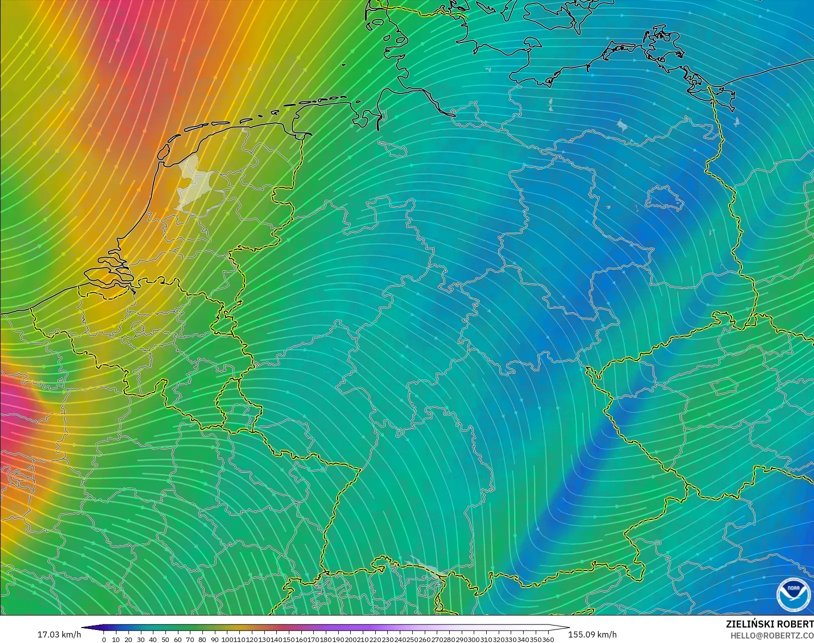 GFS modelo - Alemanha, Vento a 300 hPa (corrente em jato)