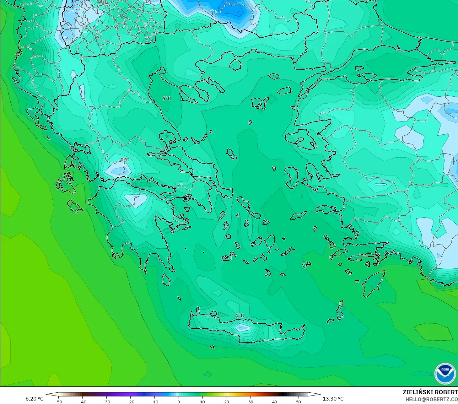 GFS modelo - Grécia, Ponto de orvalho a 2 m