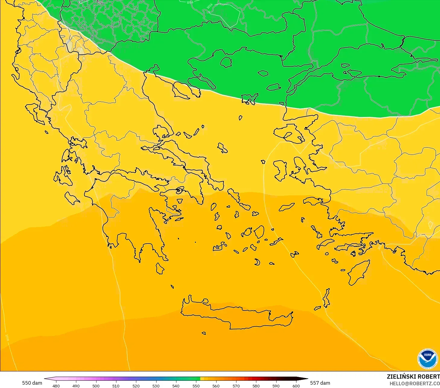 GFS modelo - Grécia, Altura geopotencial a 500 hPa