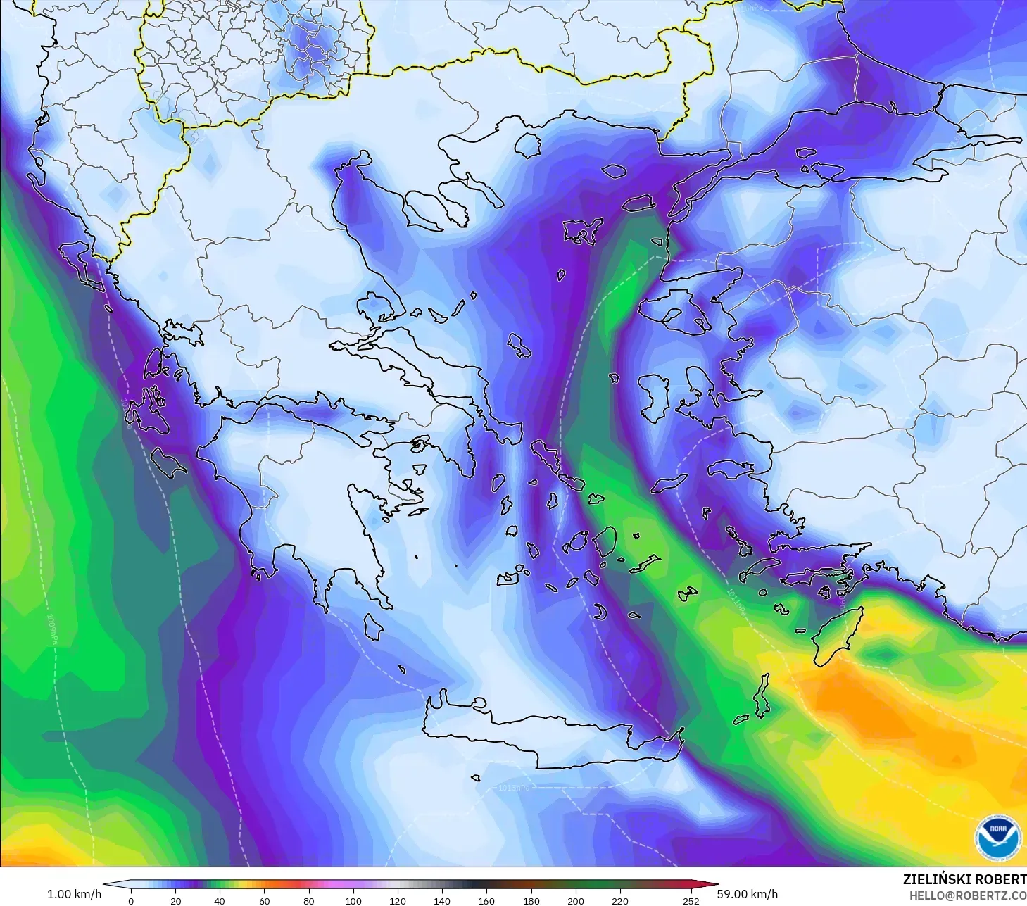 GFS modelo - Grécia, Rajadas de vento