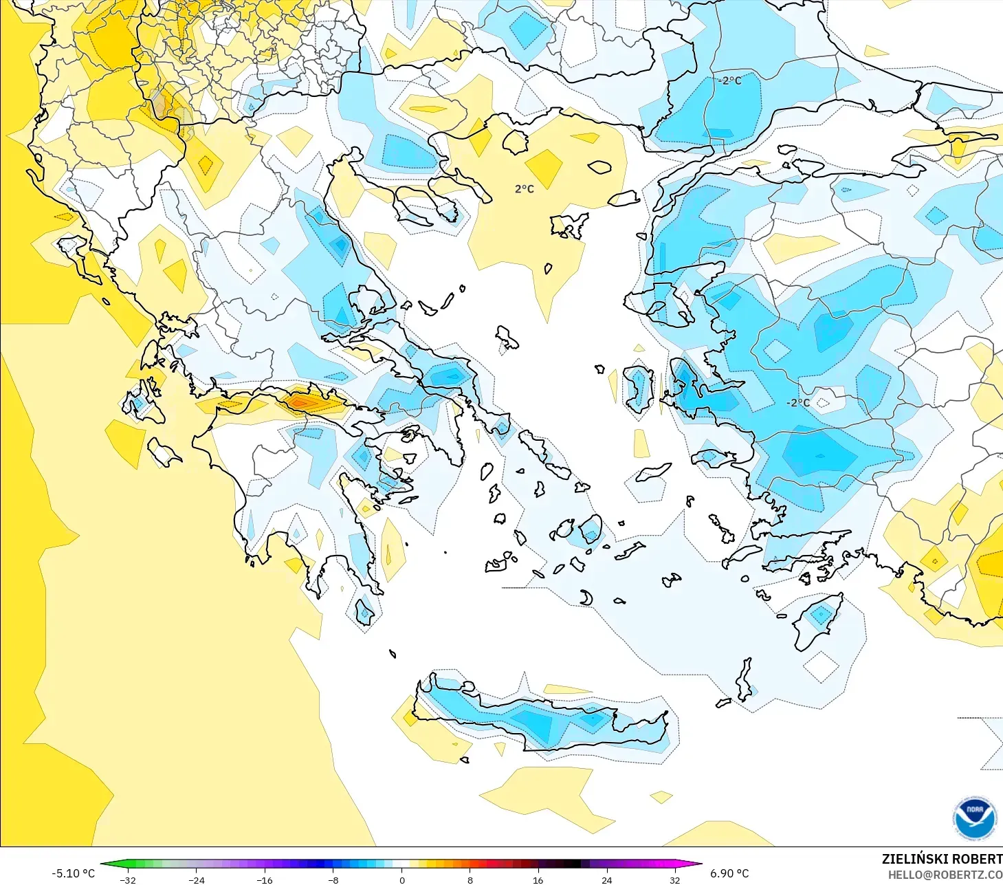 GFS modelo - Grécia, Anomalia de temperatura a 2 m