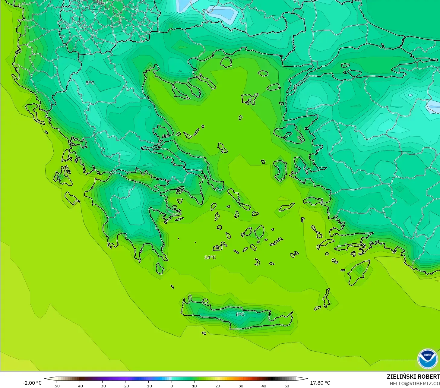 GFS modelo - Grécia, Temperatura a 2 m