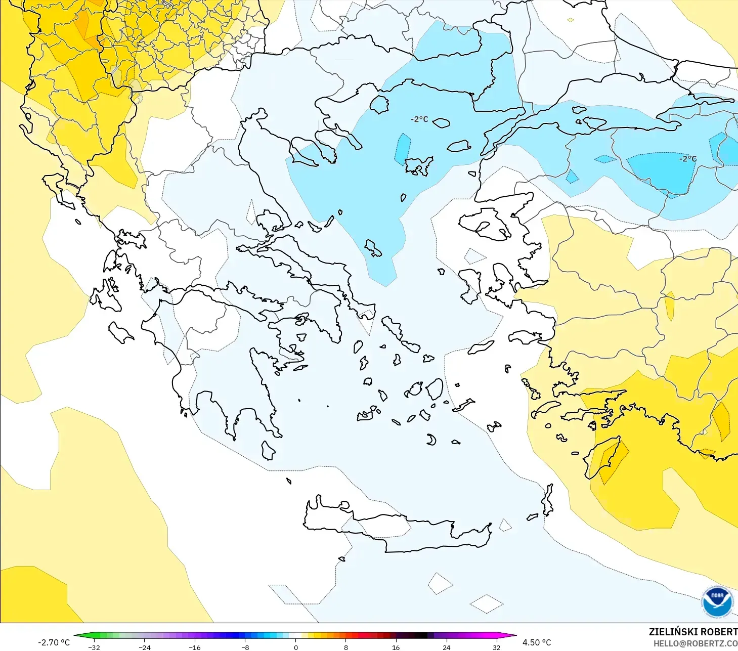 GFS modelo - Grécia, Anomalia de temperatura a 850 hPa