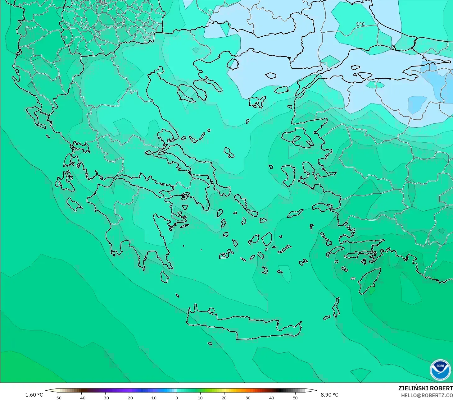 GFS modelo - Grécia, Temperatura a 850 hPa