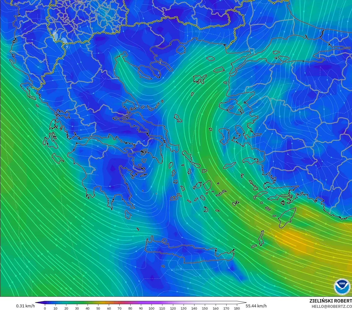 GFS modelo - Grécia, Vento a 10 m