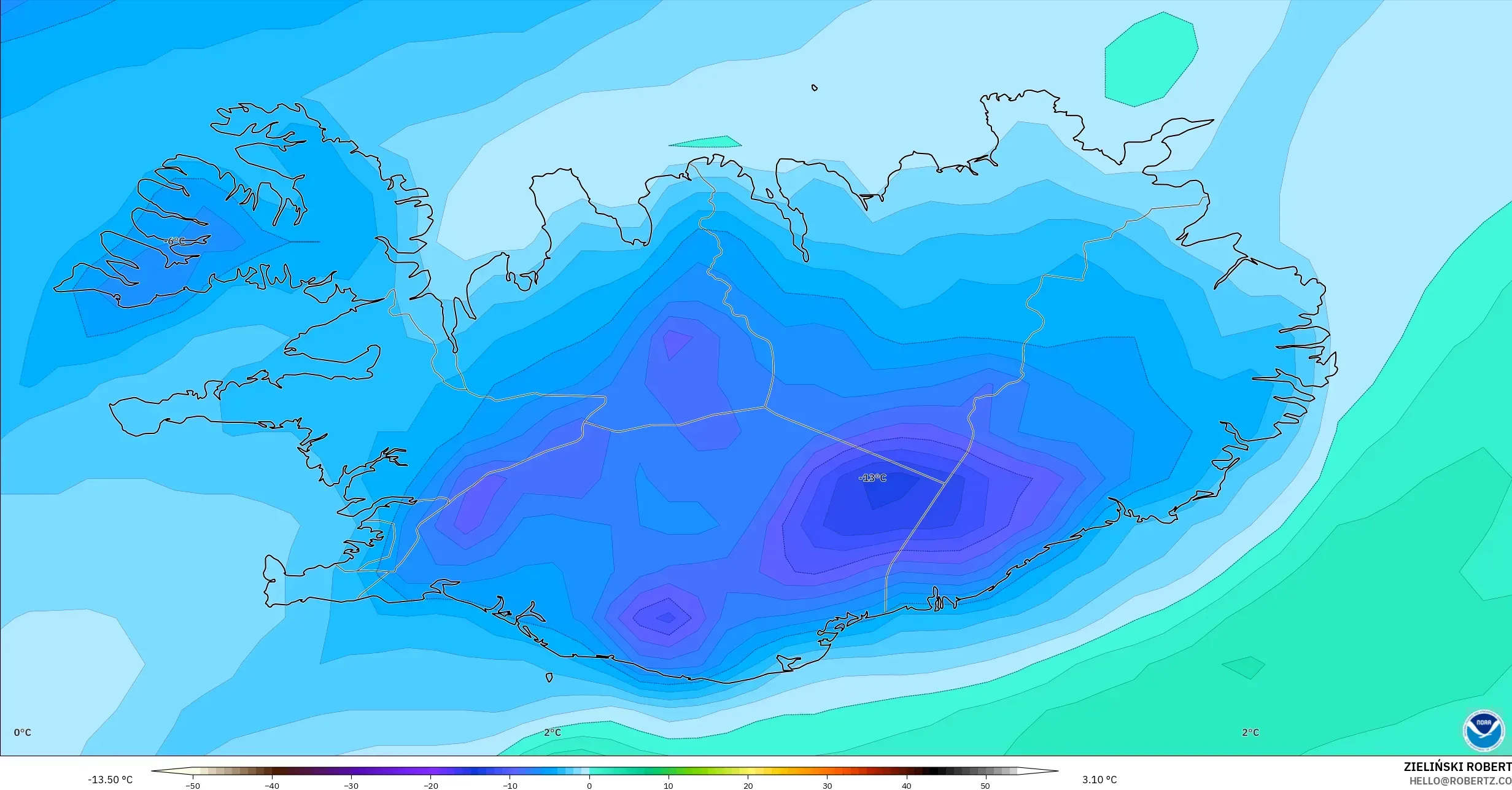 GFS modelo - Islândia, Ponto de orvalho a 2 m