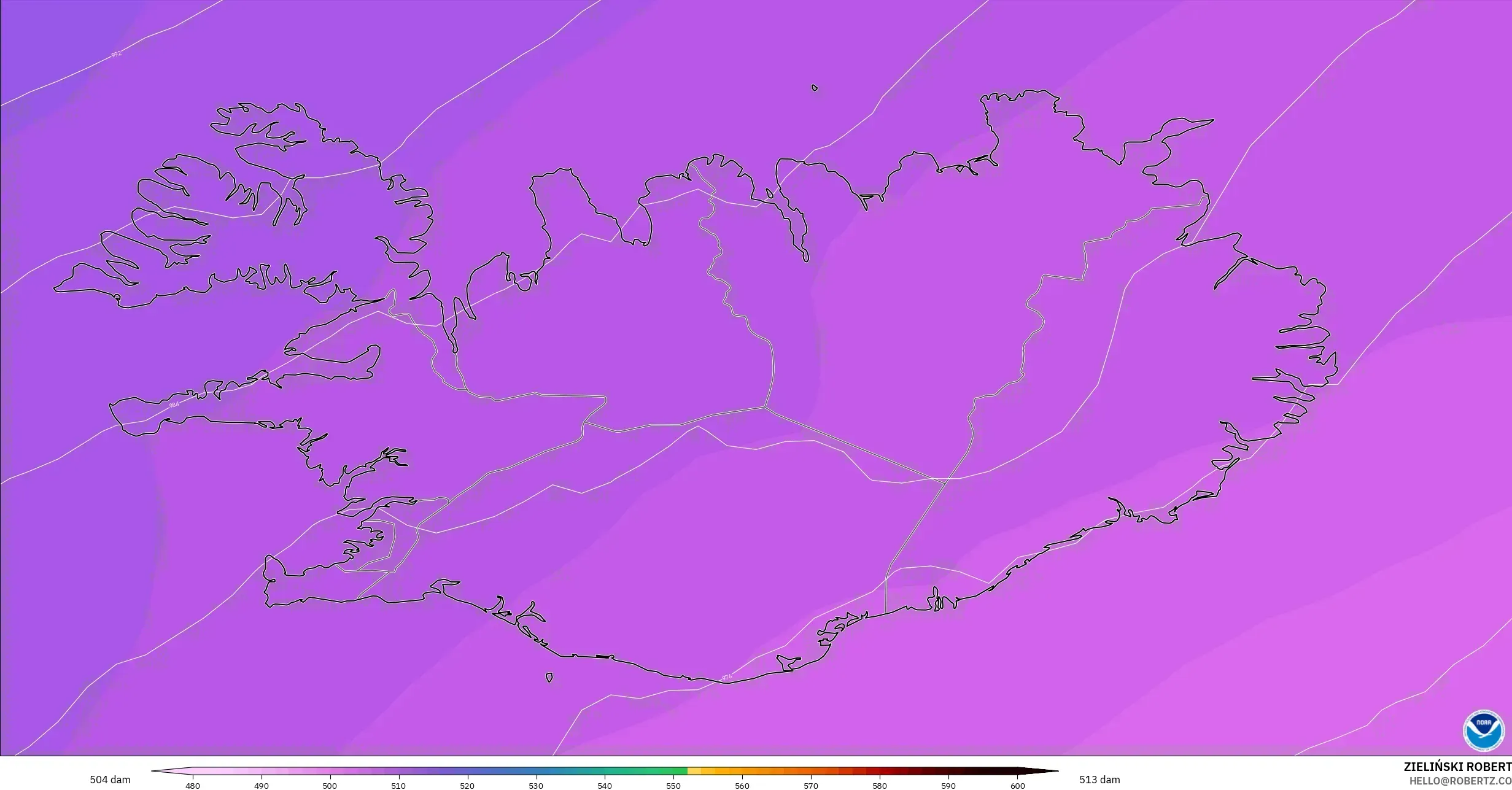 GFS modelo - Islândia, Altura geopotencial a 500 hPa