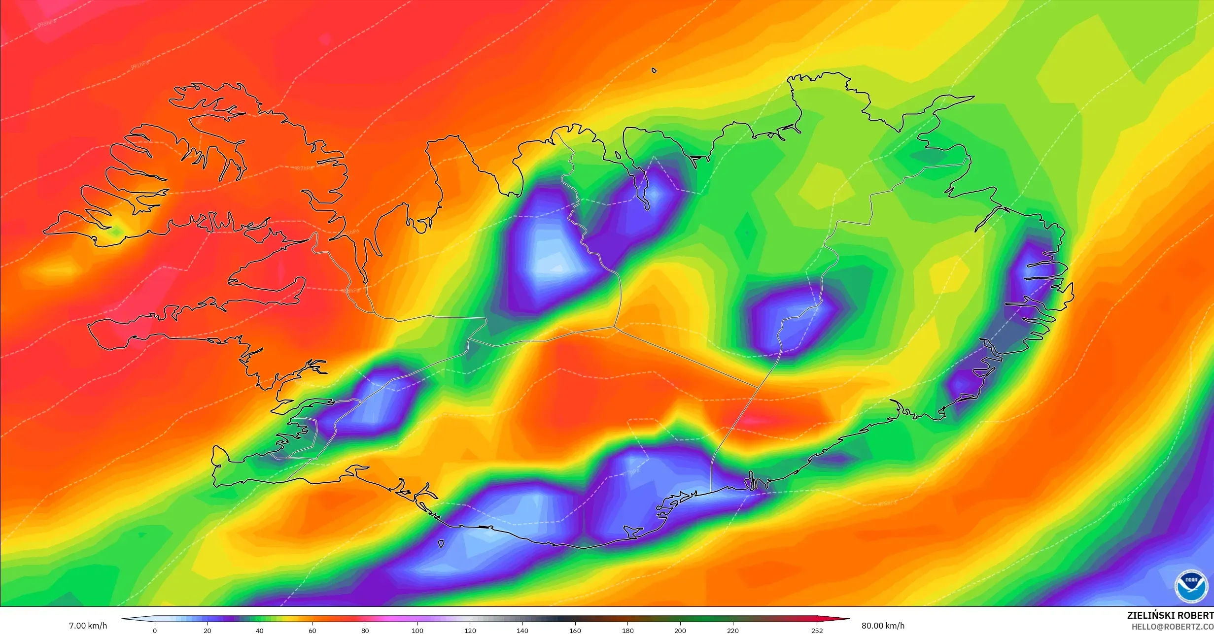 GFS modelo - Islândia, Rajadas de Vento Máximas