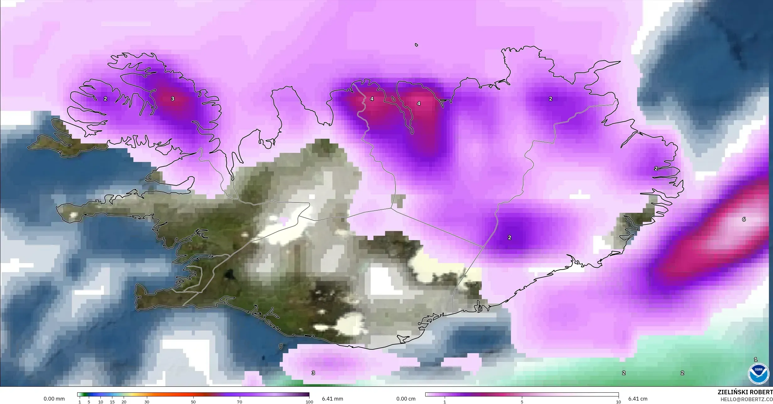 GFS modelo - Islândia, Precipitação, nuvens e pressão