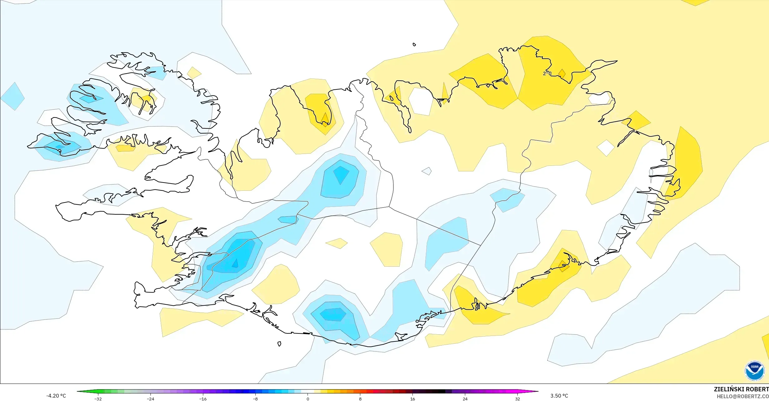 GFS modelo - Islândia, Anomalia de temperatura a 2 m