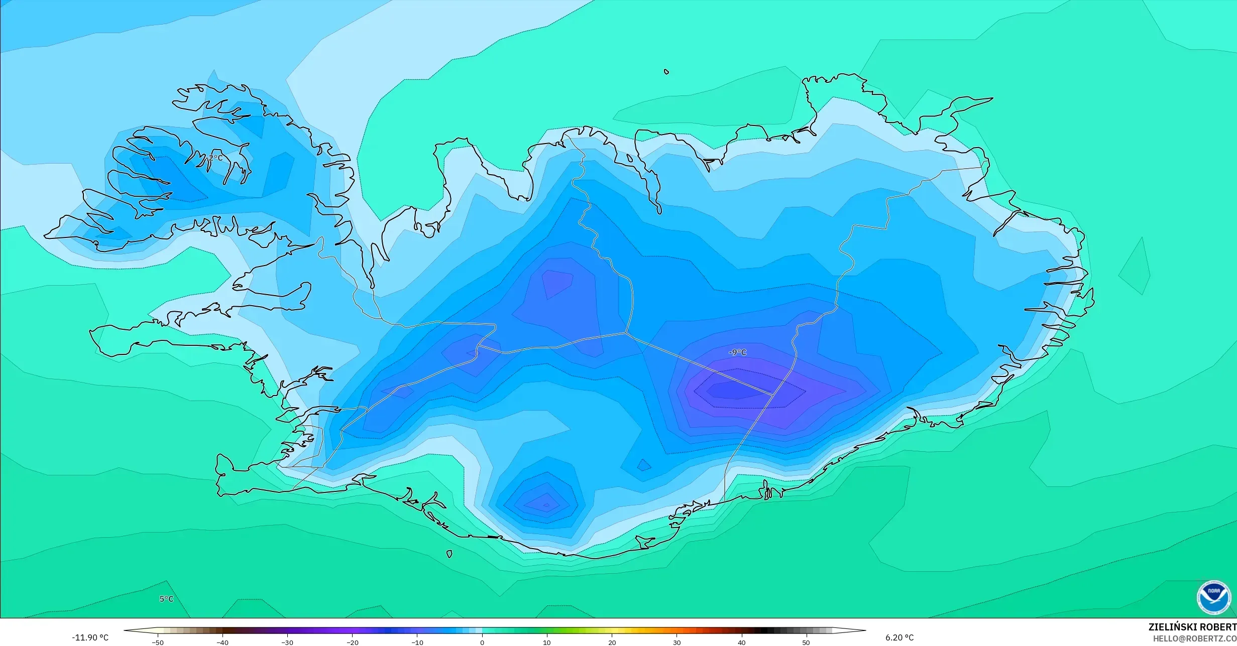 GFS modelo - Islândia, Temperatura a 2 m