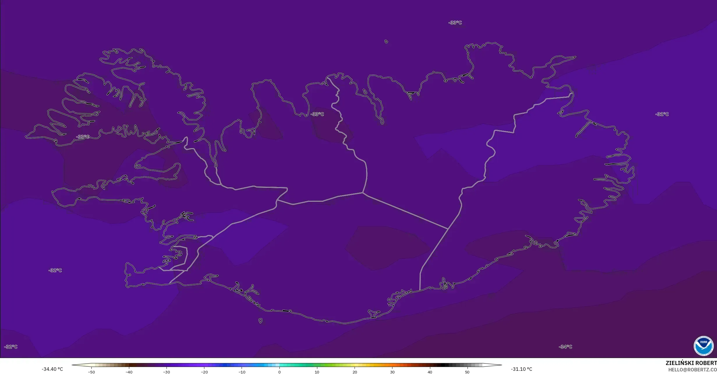 GFS modelo - Islândia, Temperatura a 500 hPa