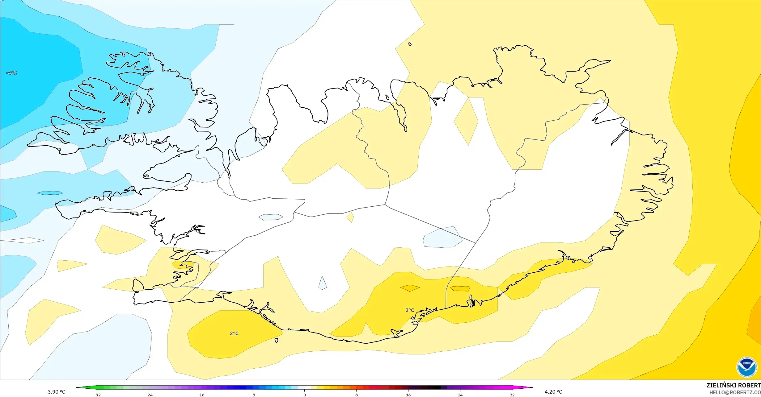 GFS modelo - Islândia, Anomalia de temperatura a 850 hPa