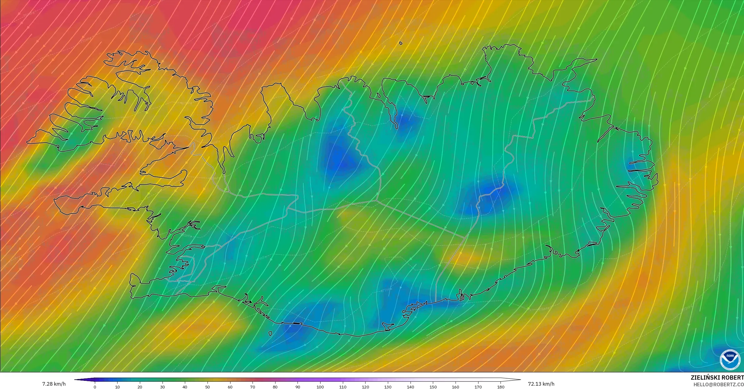 GFS modelo - Islândia, Vento a 10 m
