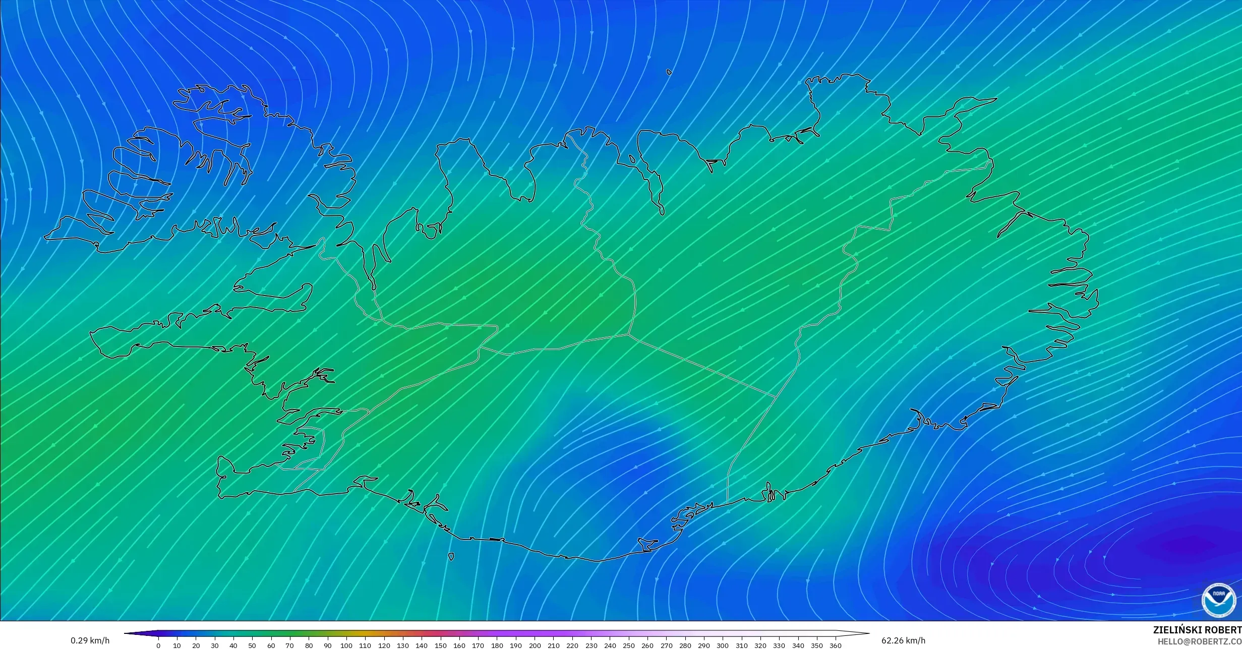 GFS modelo - Islândia, Vento a 300 hPa (corrente em jato)