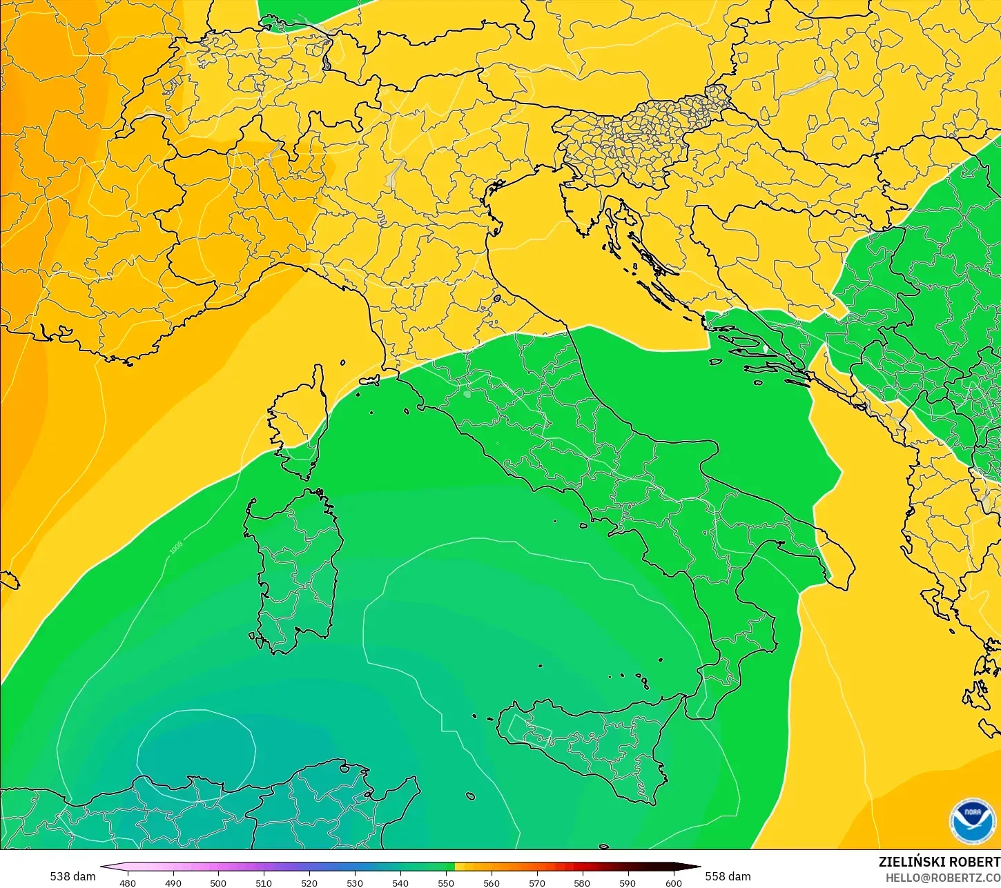 GFS modelo - Itália, Altura geopotencial a 500 hPa