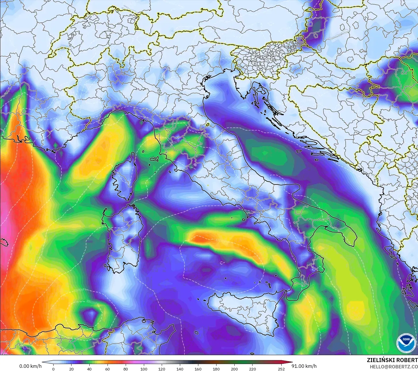 GFS modelo - Itália, Rajadas de vento