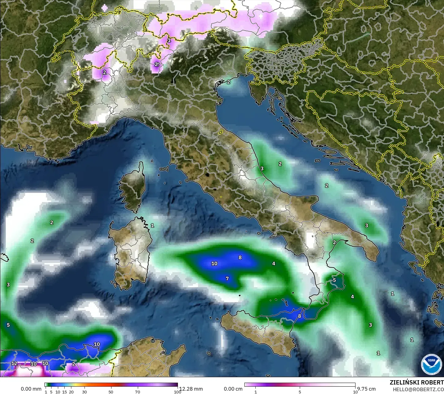 GFS modelo - Itália, Precipitação, nuvens e pressão