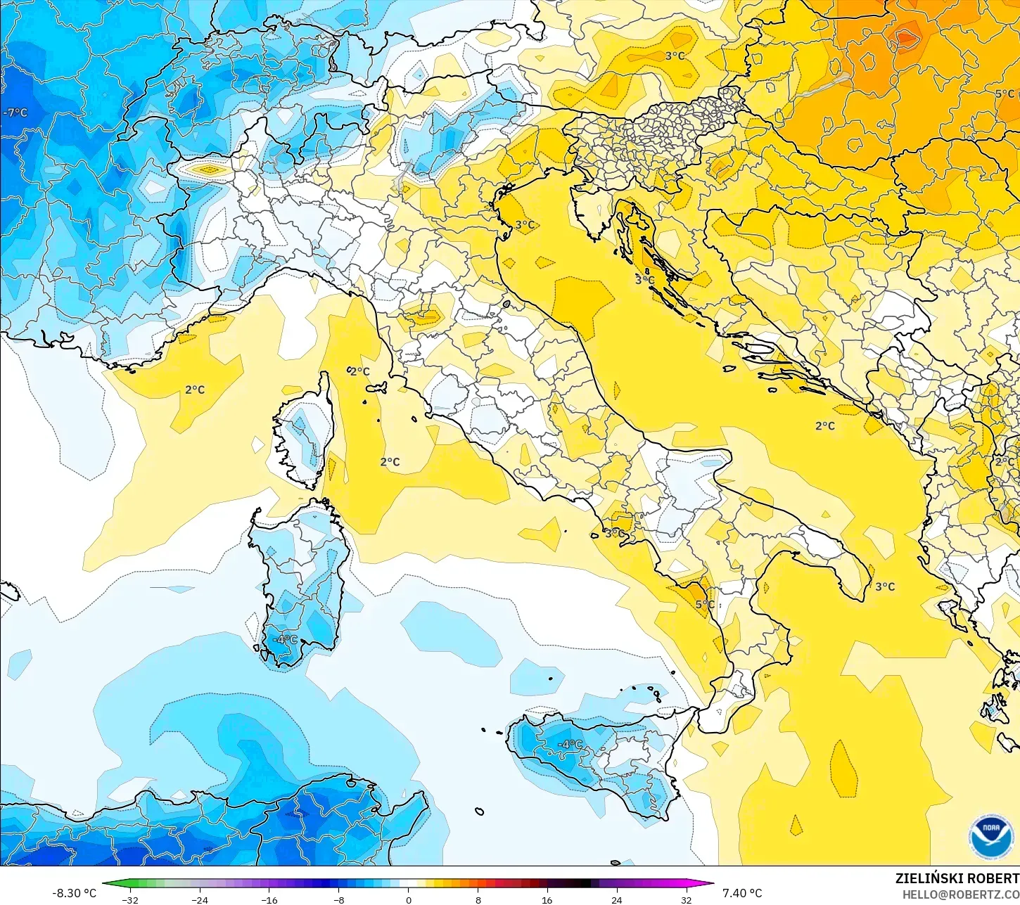 GFS modelo - Itália, Anomalia de temperatura a 2 m