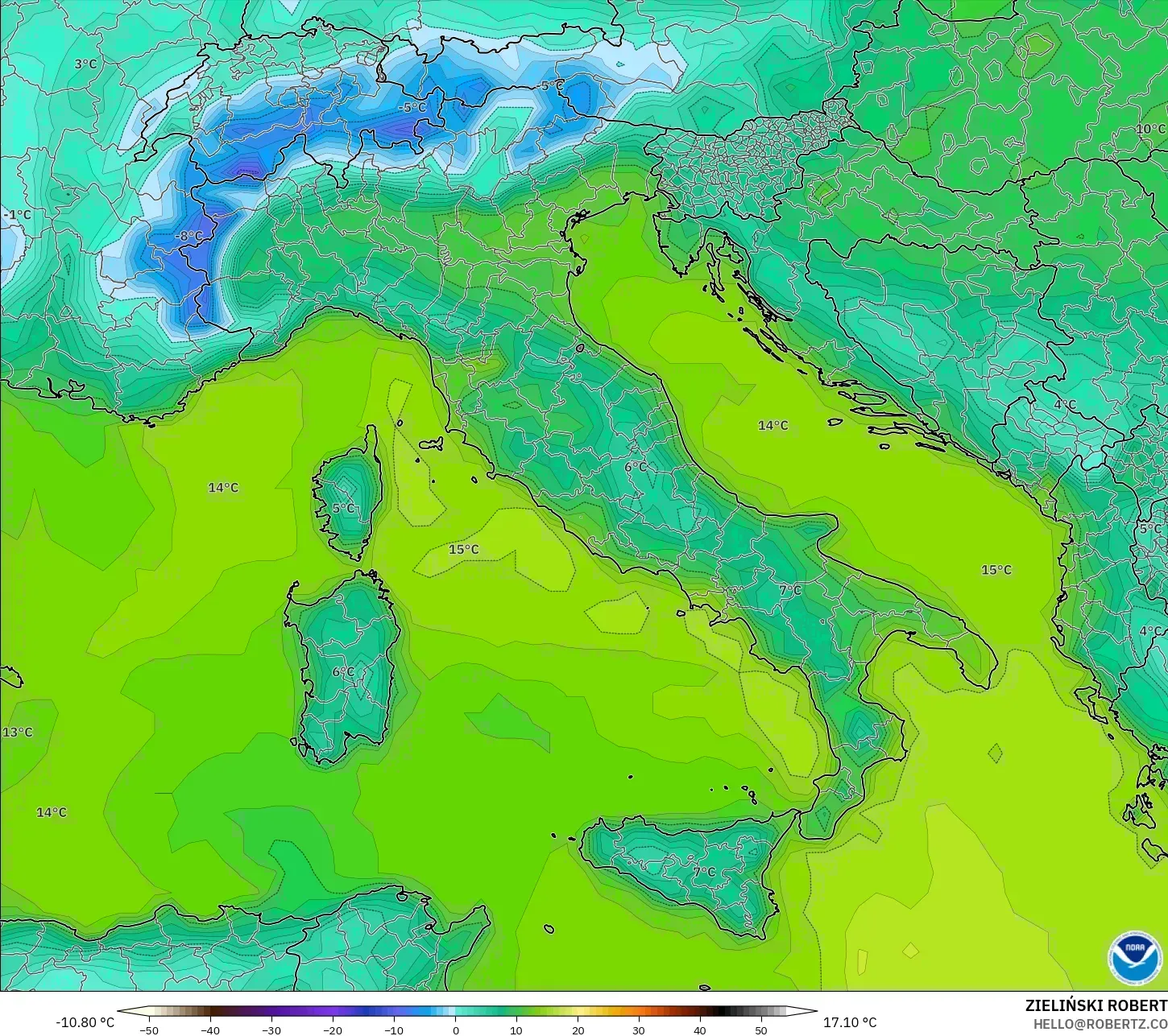 GFS modelo - Itália, Temperatura a 2 m