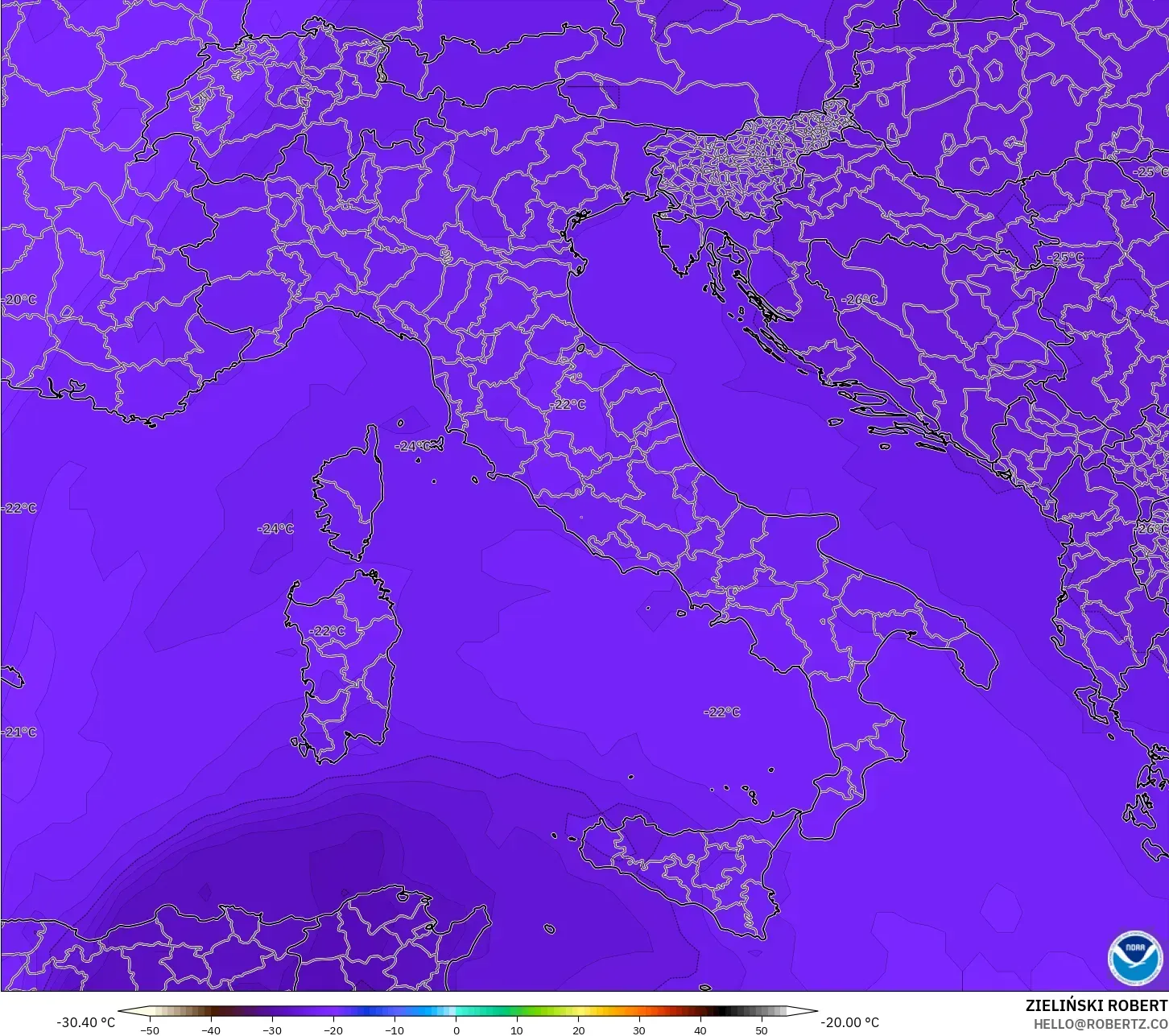 GFS modelo - Itália, Temperatura a 500 hPa
