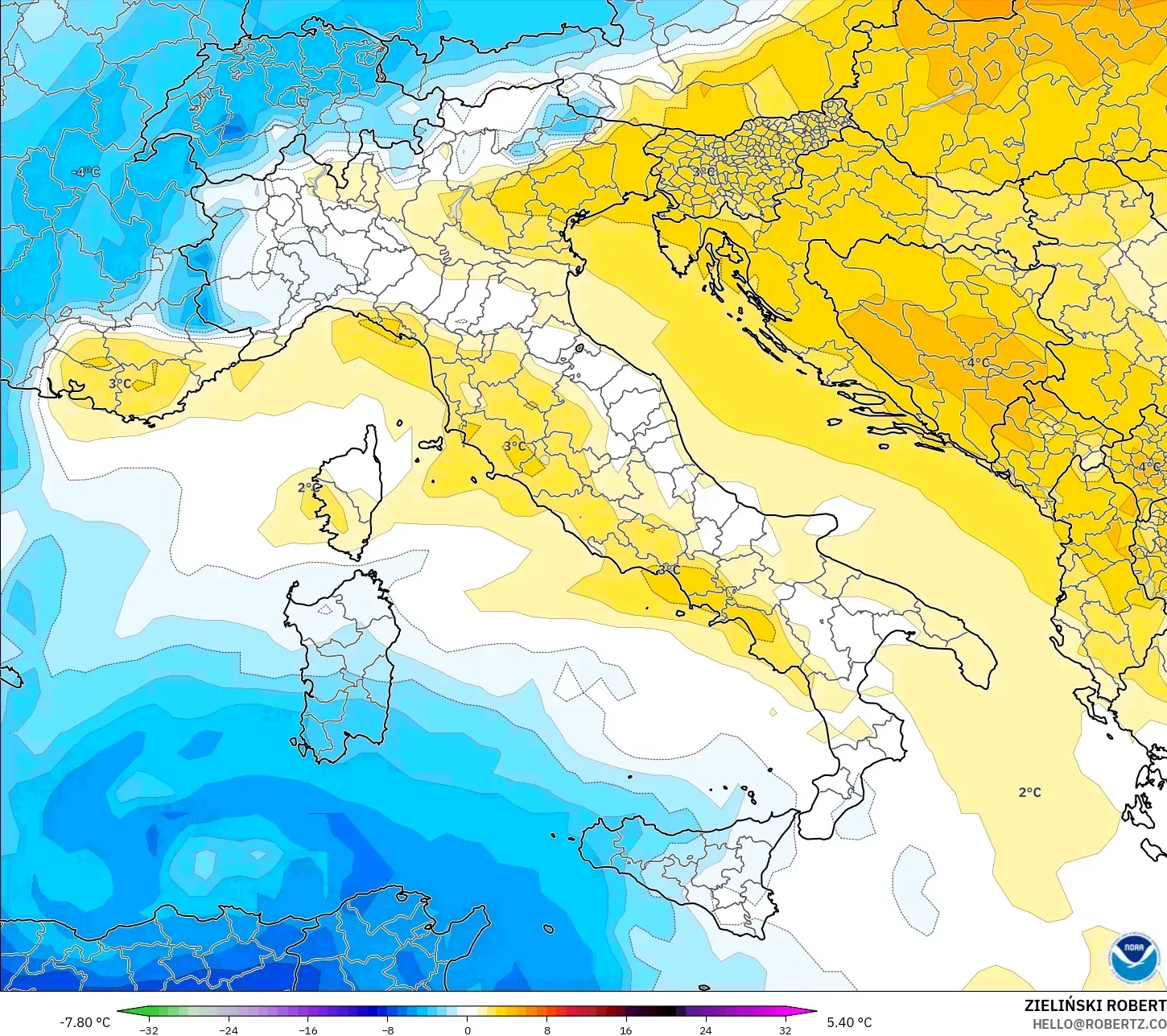 GFS modelo - Itália, Anomalia de temperatura a 850 hPa