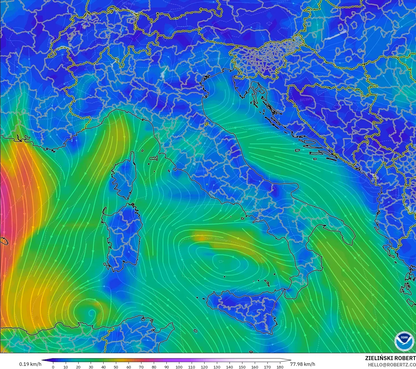 GFS modelo - Itália, Vento a 10 m