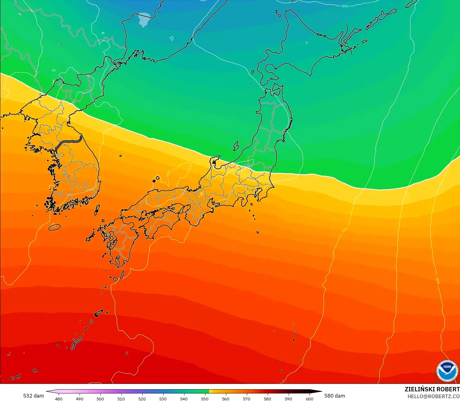 GFS modelo - Japão, Altura geopotencial a 500 hPa