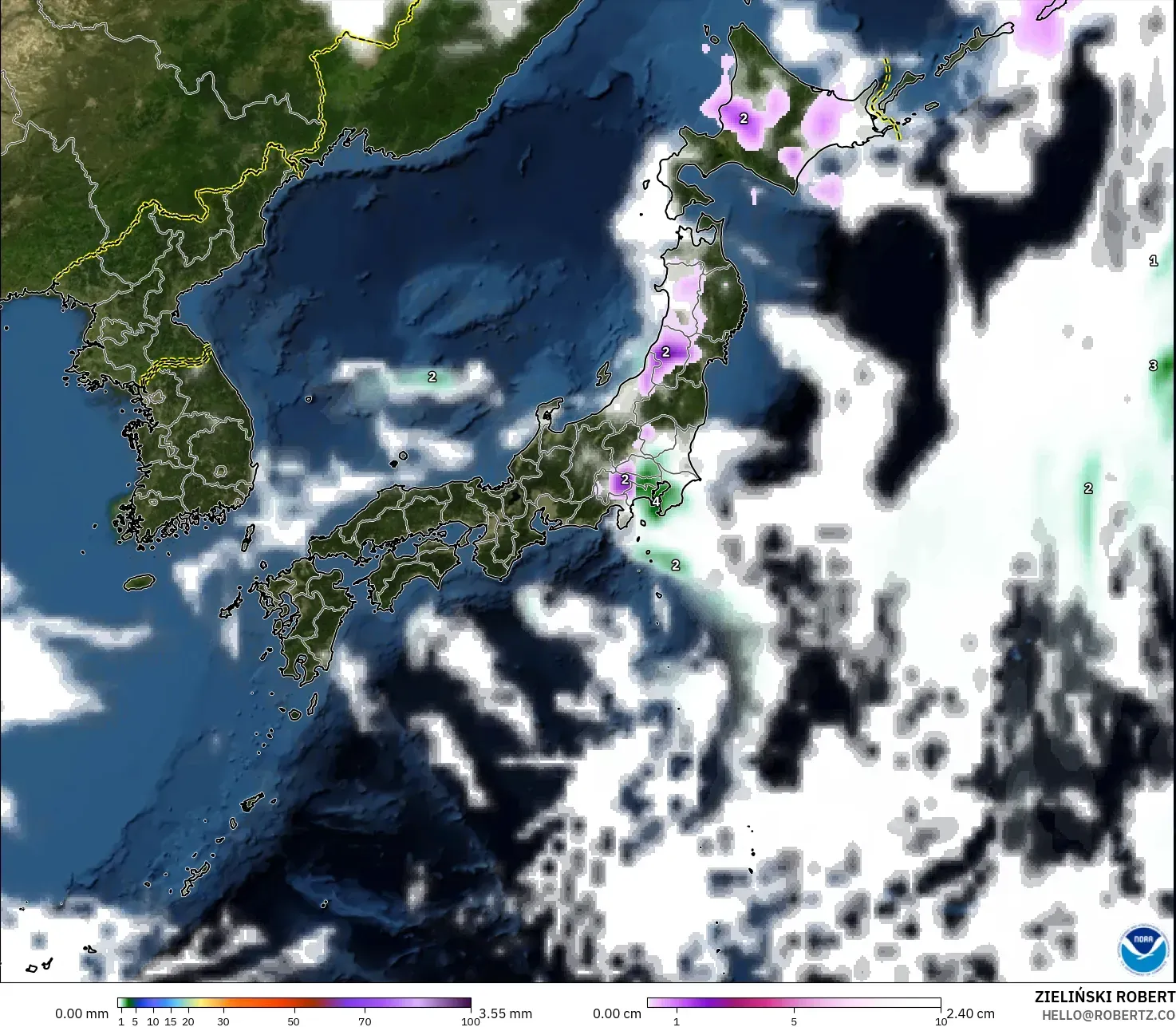 GFS modelo - Japão, Precipitação, nuvens e pressão