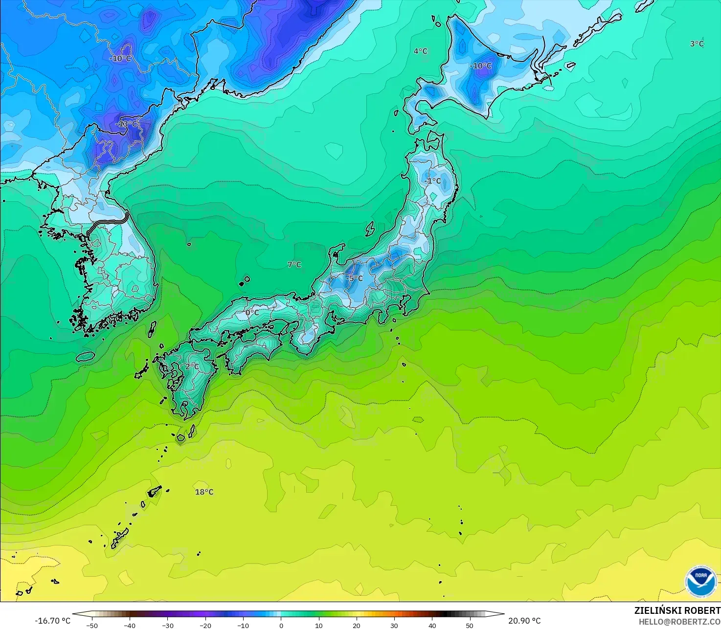 GFS modelo - Japão, Temperatura a 2 m