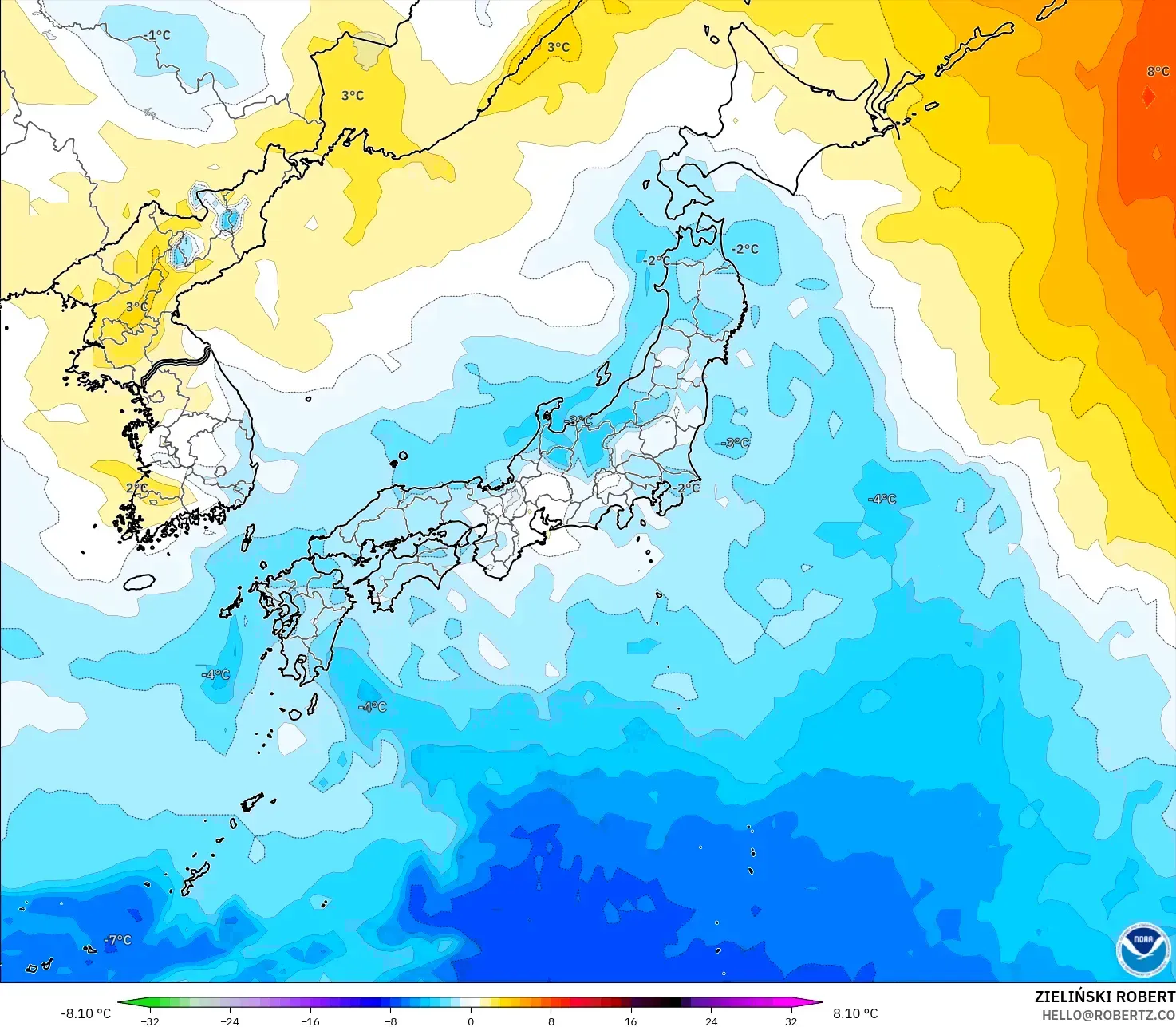 GFS modelo - Japão, Anomalia de temperatura a 850 hPa