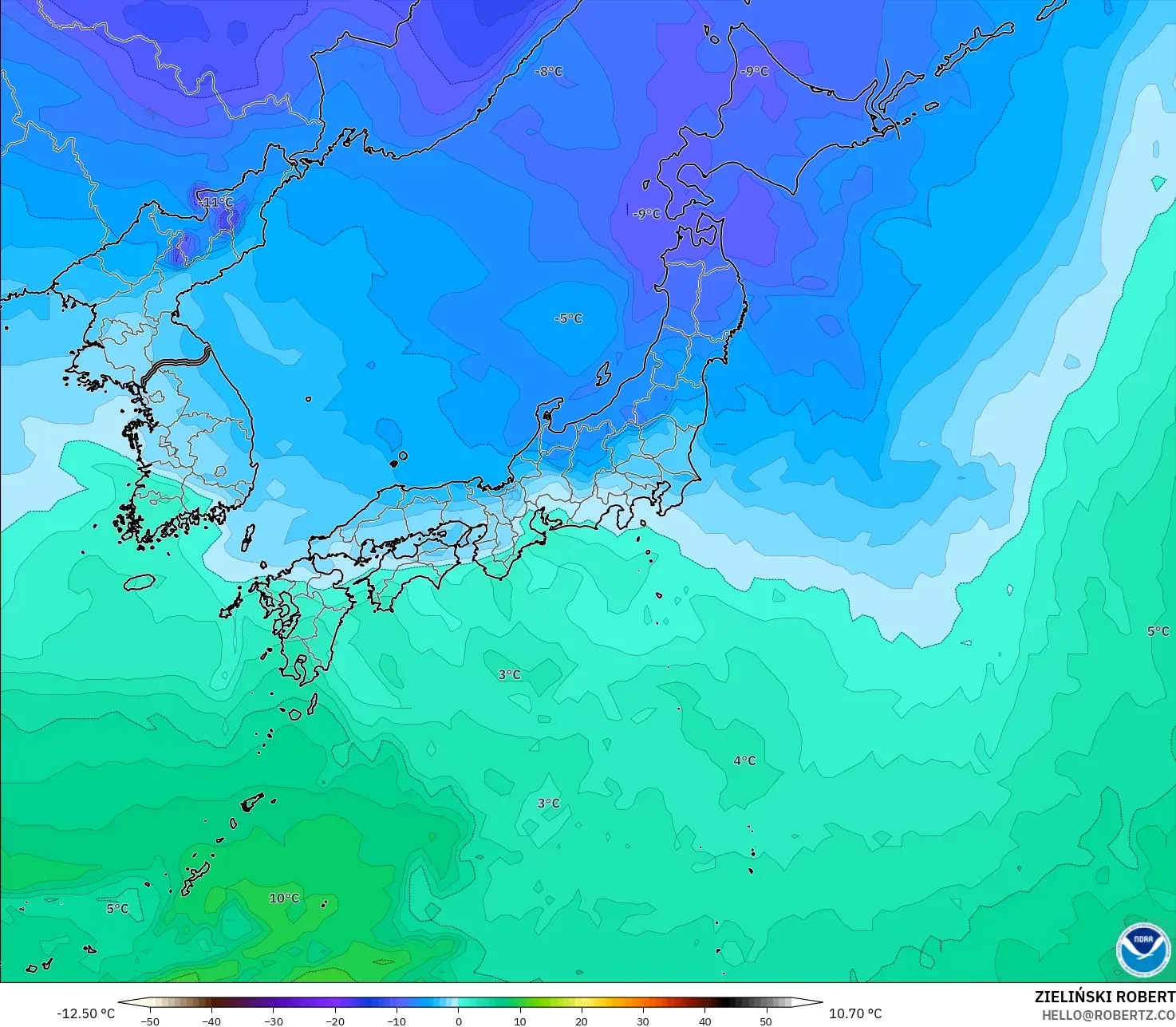 GFS modelo - Japão, Temperatura a 850 hPa
