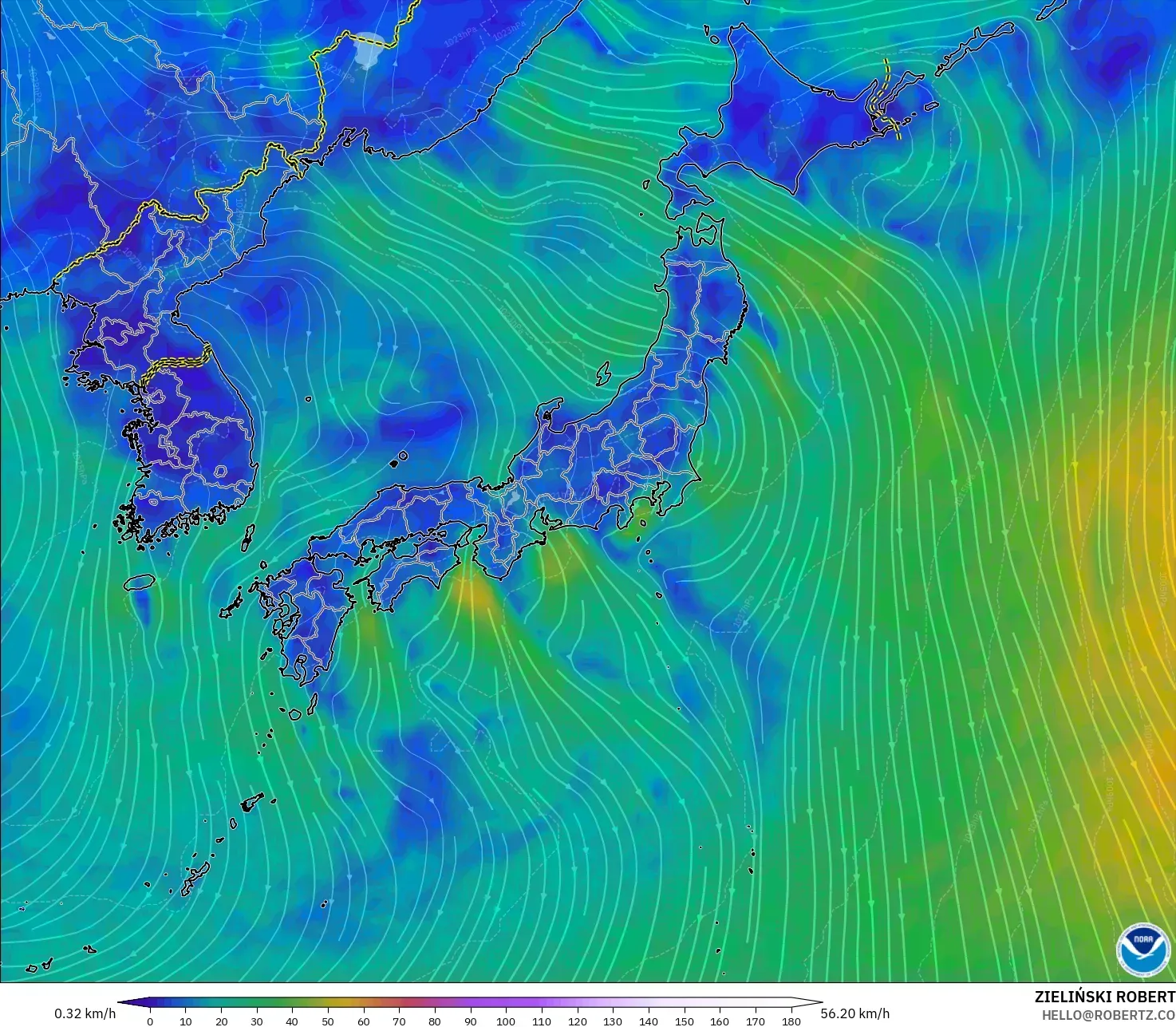 GFS modelo - Japão, Vento a 10 m
