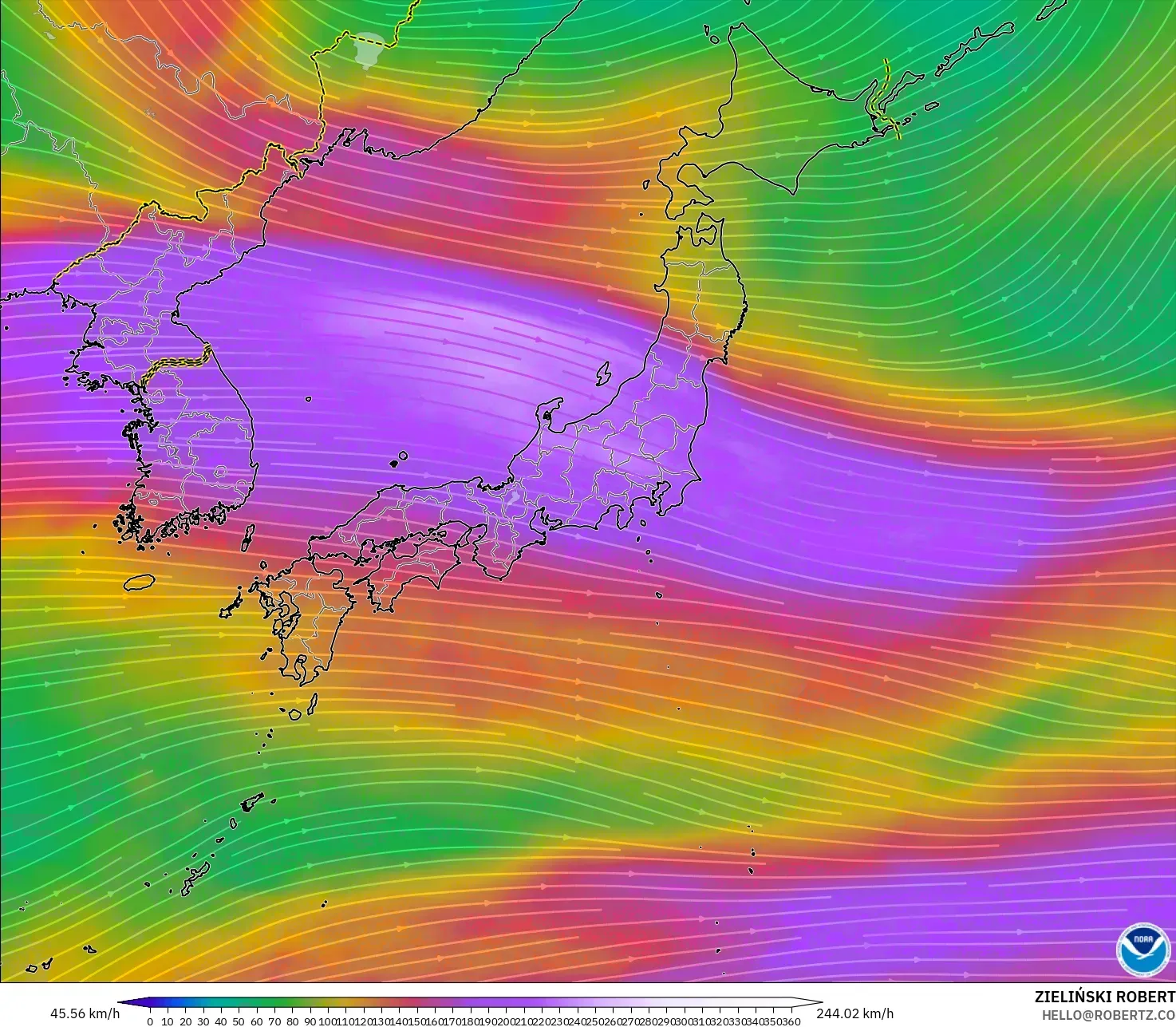 GFS modelo - Japão, Vento a 300 hPa (corrente em jato)