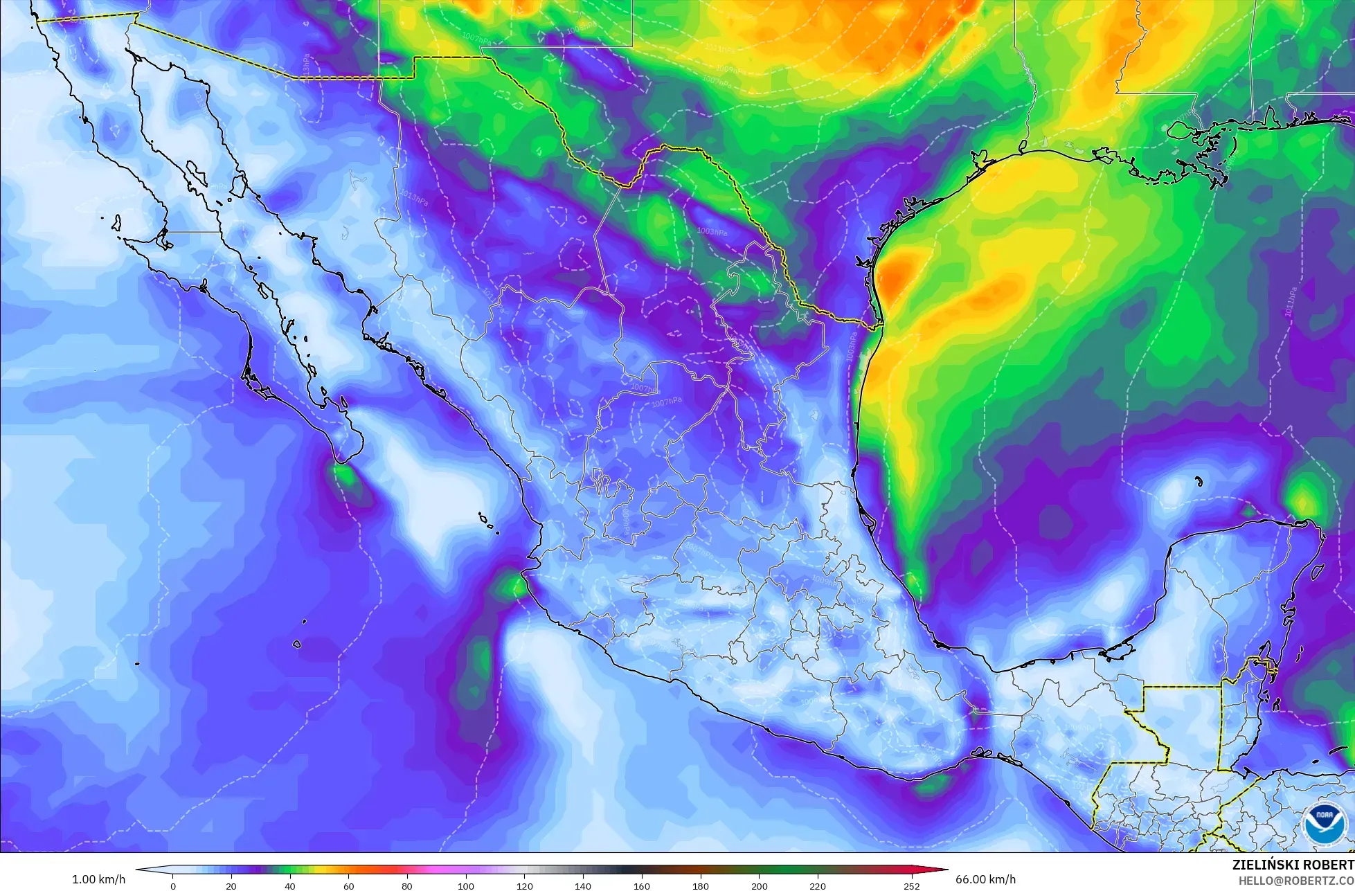 GFS modelo - México, Rajadas de Vento Máximas