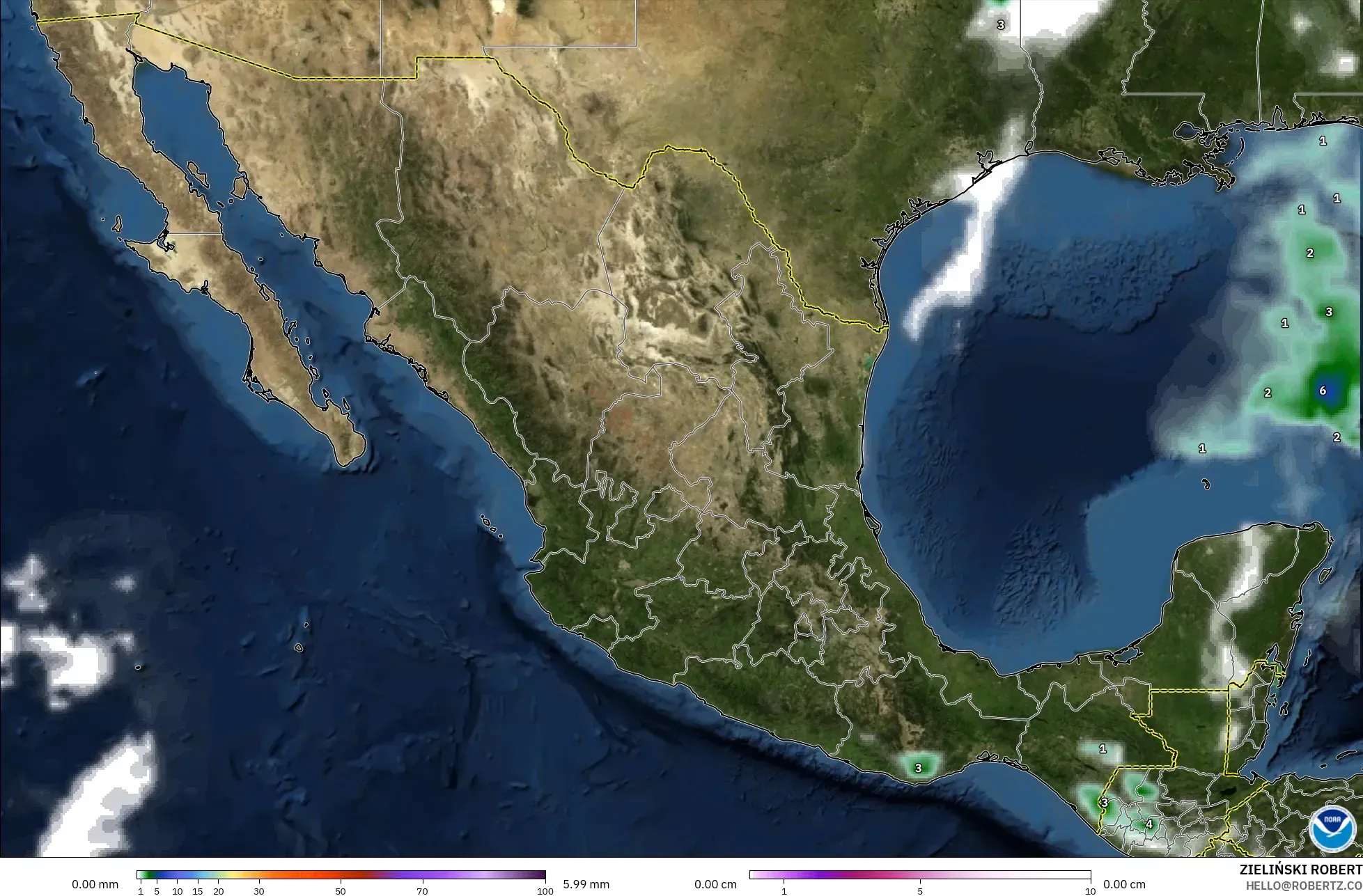 GFS modelo - México, Precipitação, nuvens e pressão