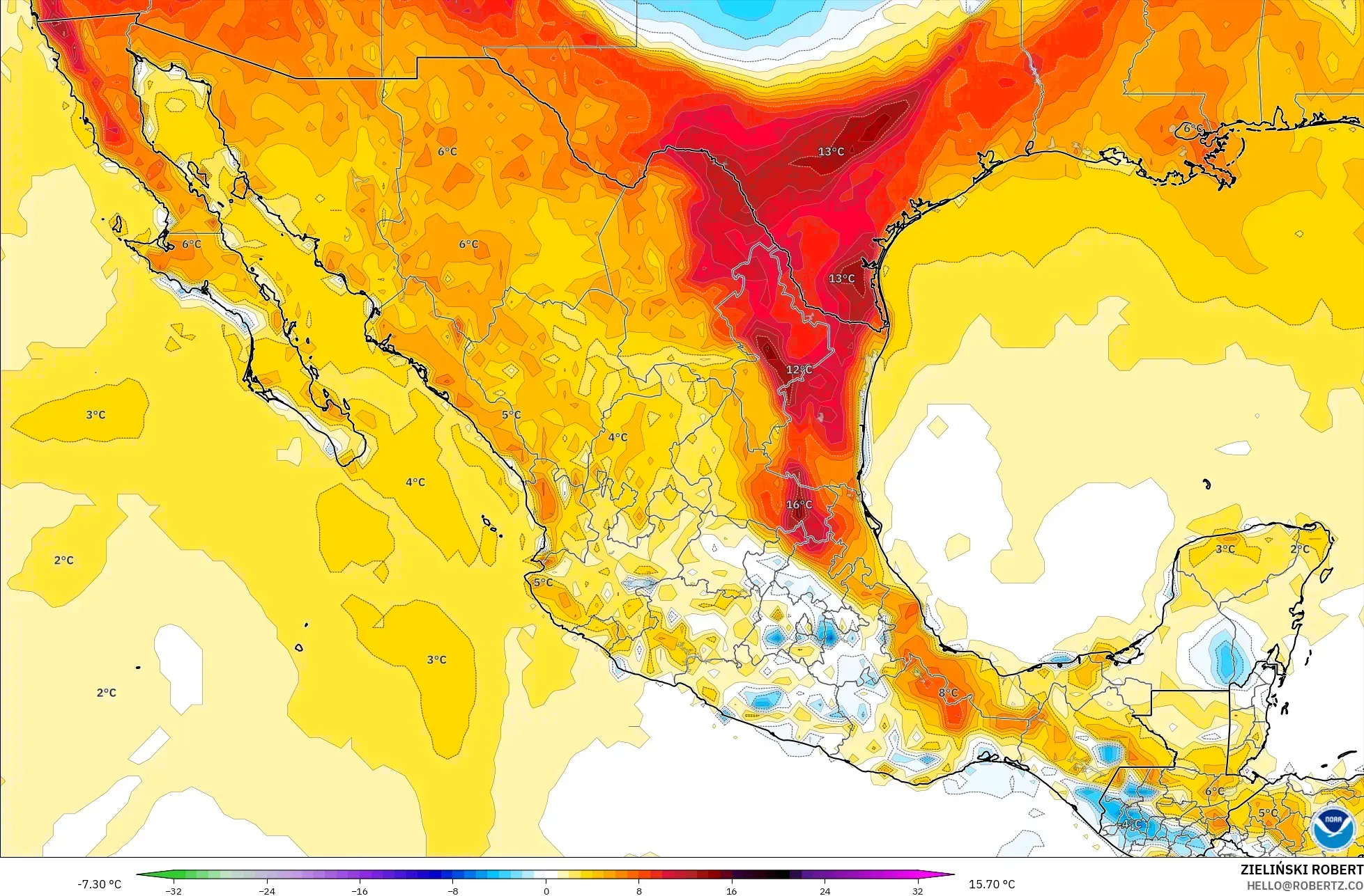 GFS modelo - México, Anomalia de temperatura a 2 m