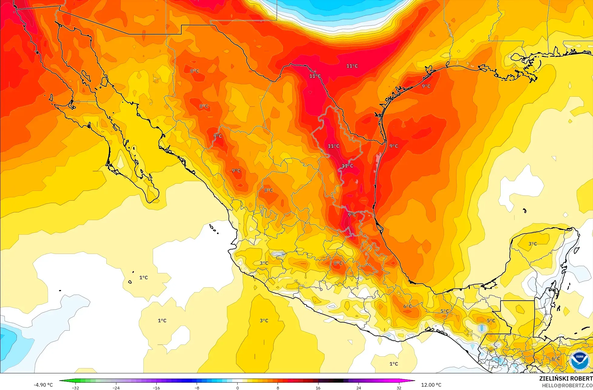 GFS modelo - México, Anomalia de temperatura a 850 hPa