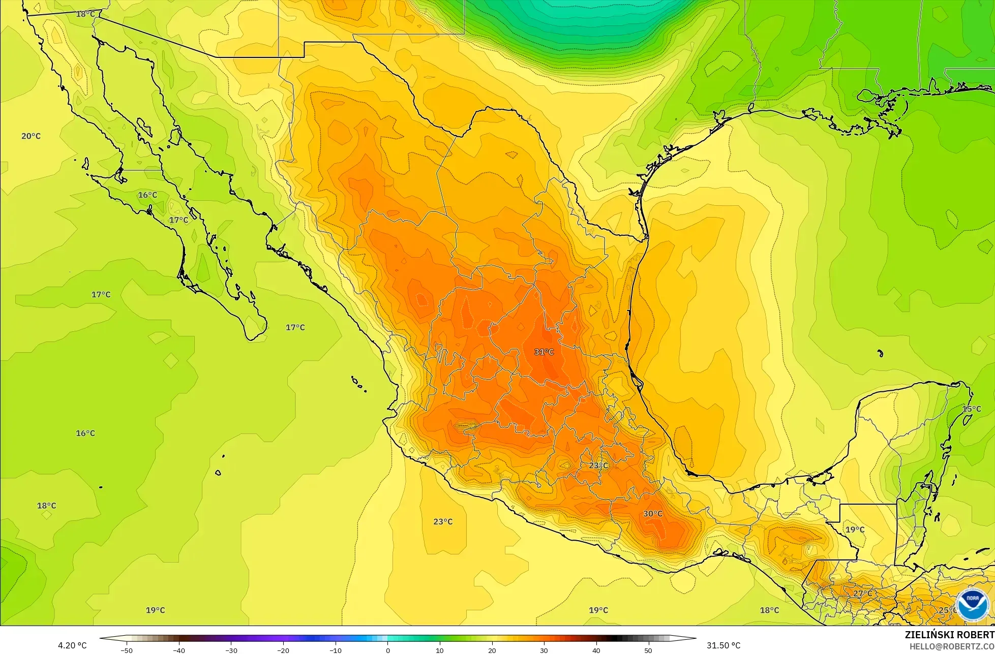 GFS modelo - México, Temperatura a 850 hPa